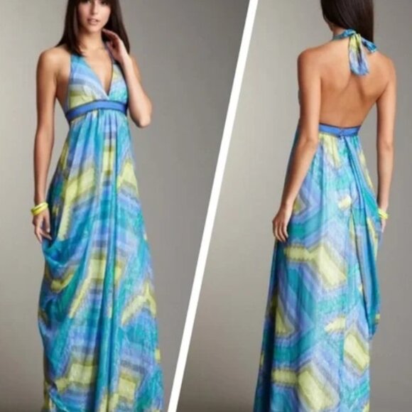 BCBG MaxAzria Printed Chiffon Halter Maxi Gown (8) - Picture 3 of 12